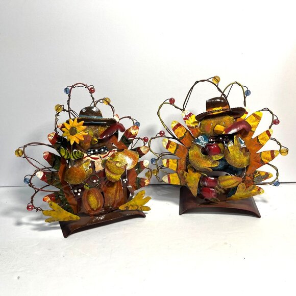 Fall Thanksgiving Metal Turkey Figurine Candleholders Set Of 2 - Picture 1 of 10